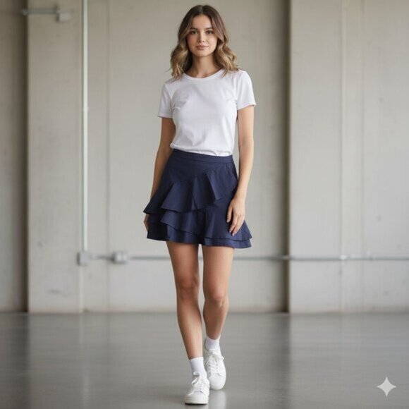 Aritzia Sunday Best Whitney Mini Skirt Navy Blue Ruffle Draped Cotton Size 4 - Picture 16 of 16